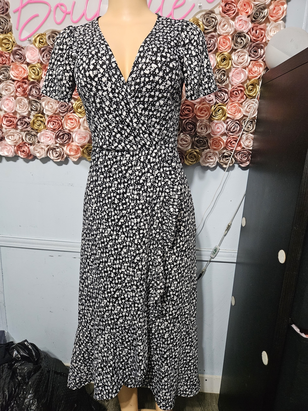 Black & White Floral Wrap Midi Dress